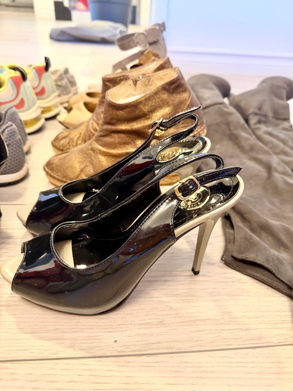 Black Patent Peep-Toe Slingback Heels - bought them in Italy